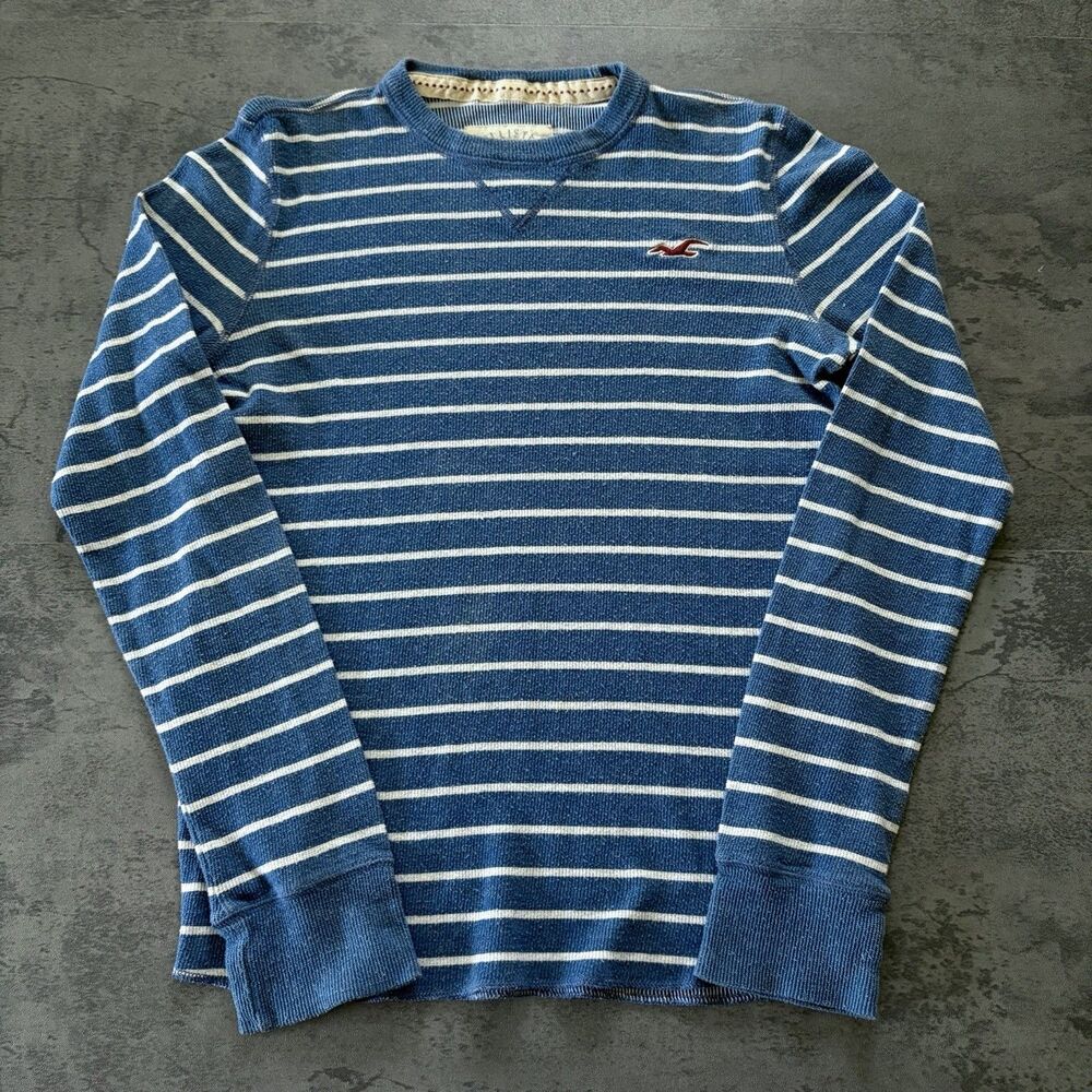 Vintage 00s Y2K Hollister Mens S Striped Thermal Rib Knit Logo Long Sleeve Shirt